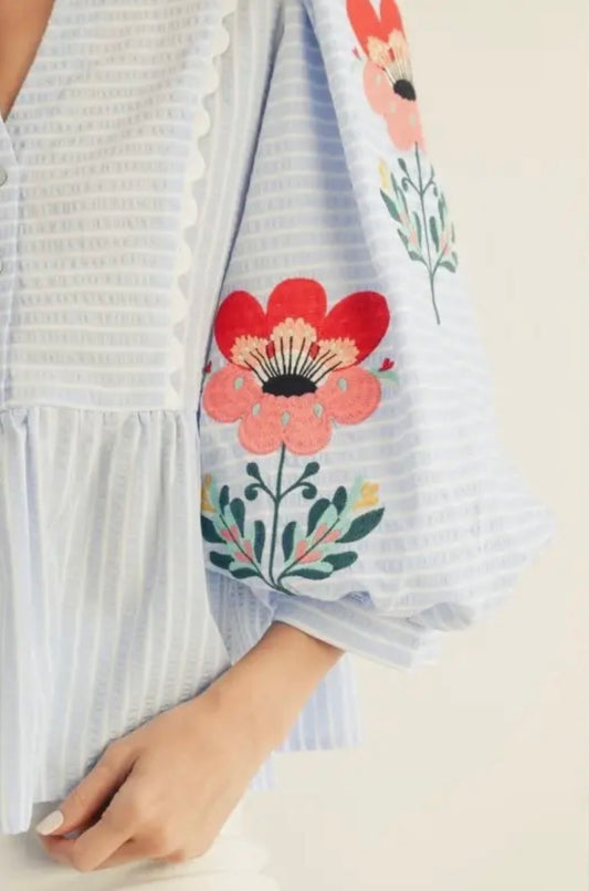 Embroidered Stripe Peplum Top