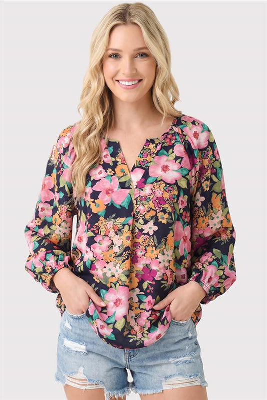 Navy Floral Blouse Y-split Neck