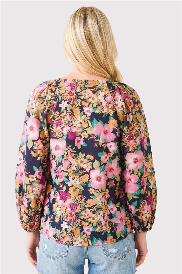 Navy Floral Blouse Y-split Neck