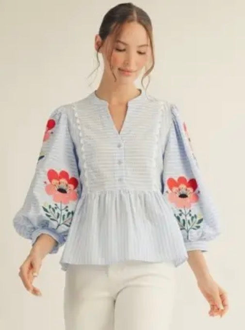 Embroidered Stripe Peplum Top